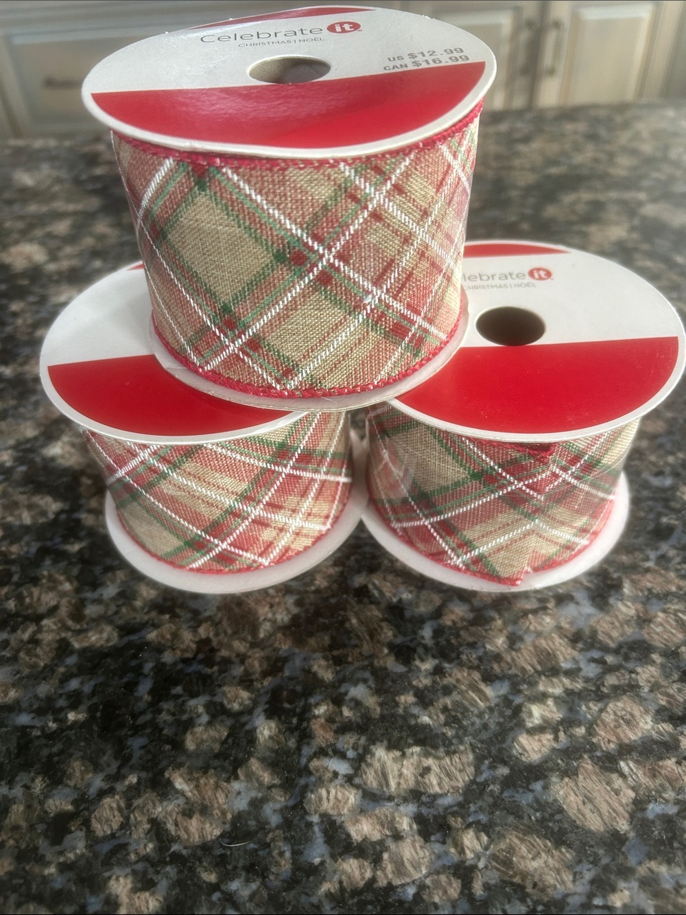 CELEBRATE IT CHRISTMAS TARTAN PLAID WIRED RIBBON 2.5x20 FT LOT OF 3 NWT